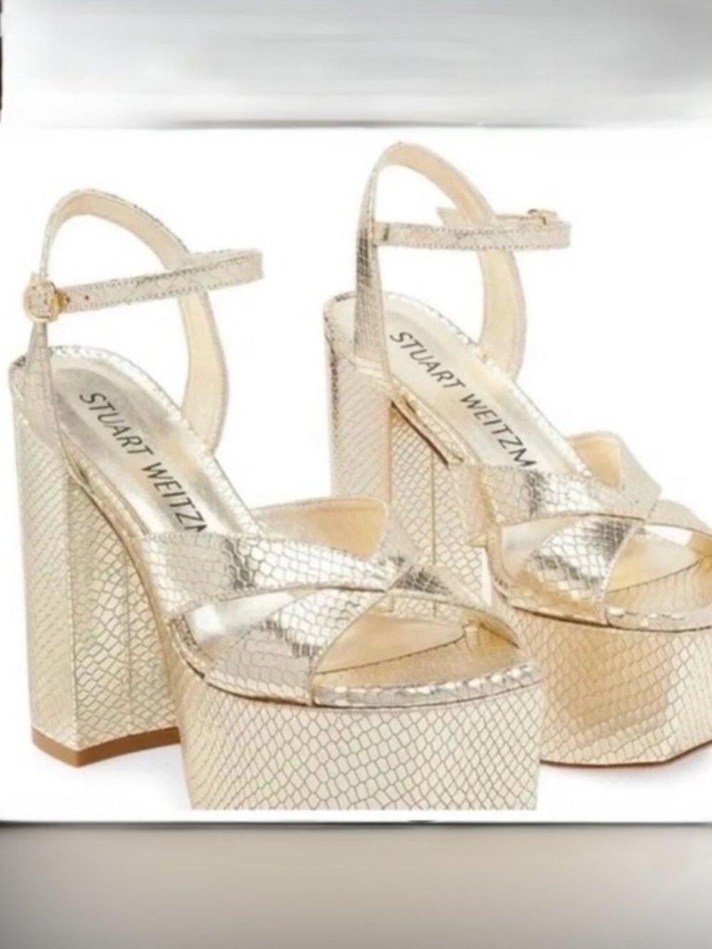 Stuart Weitzman Miami Sohi Gold Snake Print Sandal Sz 8 ($1025)